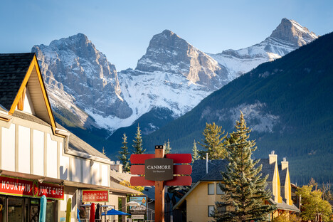 View of Three Sisters mountain from downtown Canmore.